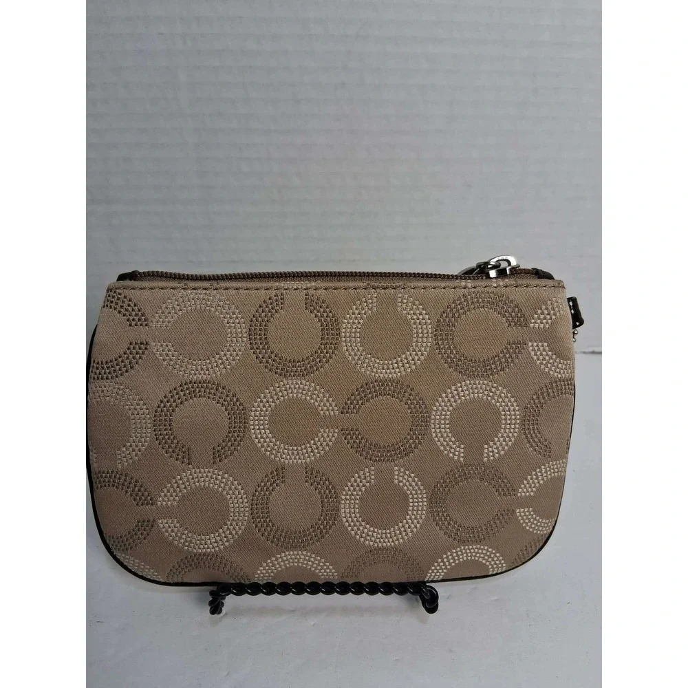 Coach‎ Monogram Wristlet Pouch Tan Brown Signature C Logo Leather Trim Zip